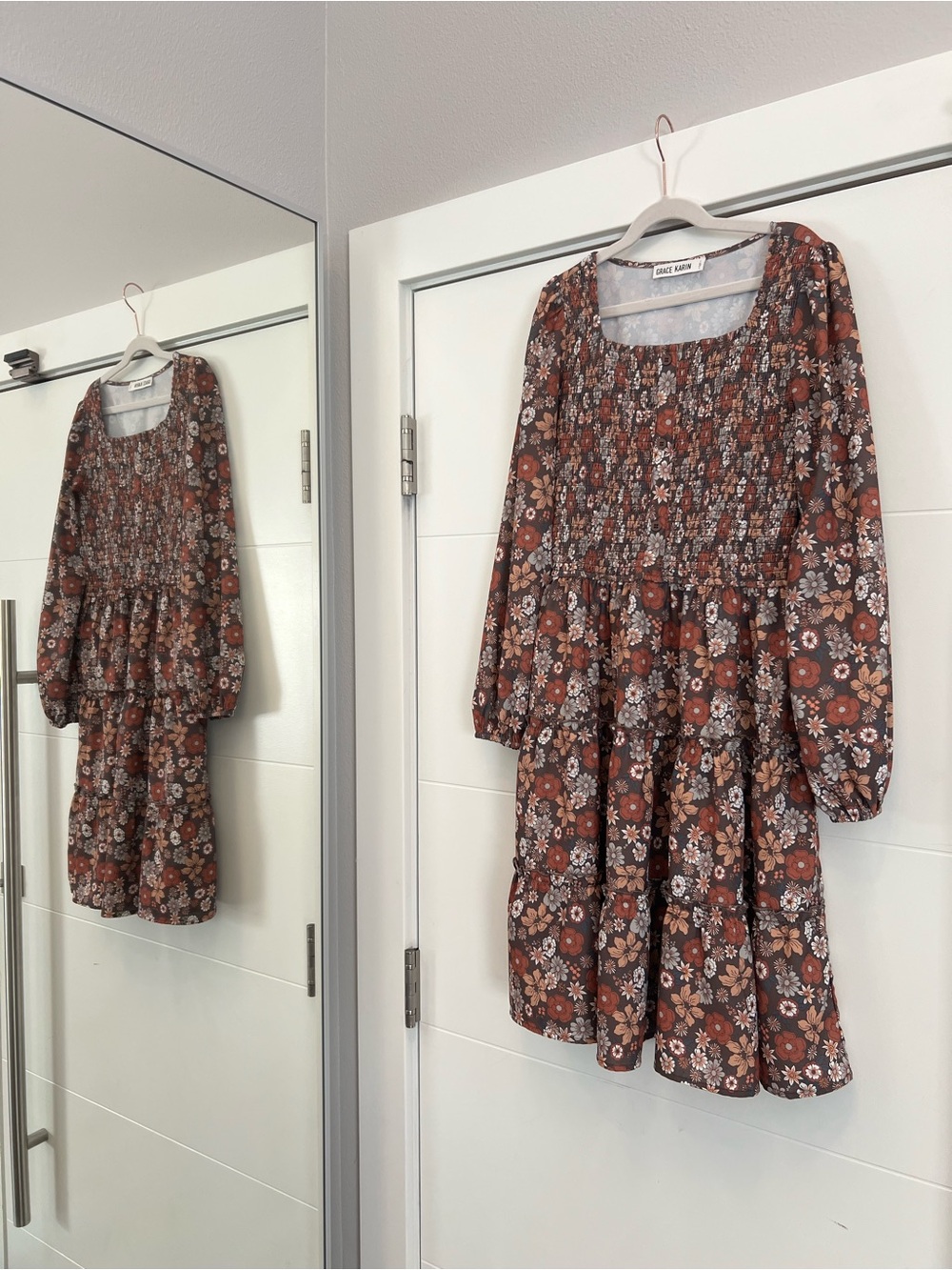 Smocked Floral Tiered Mini Dress - Rust Multi - Picture 1 of 9